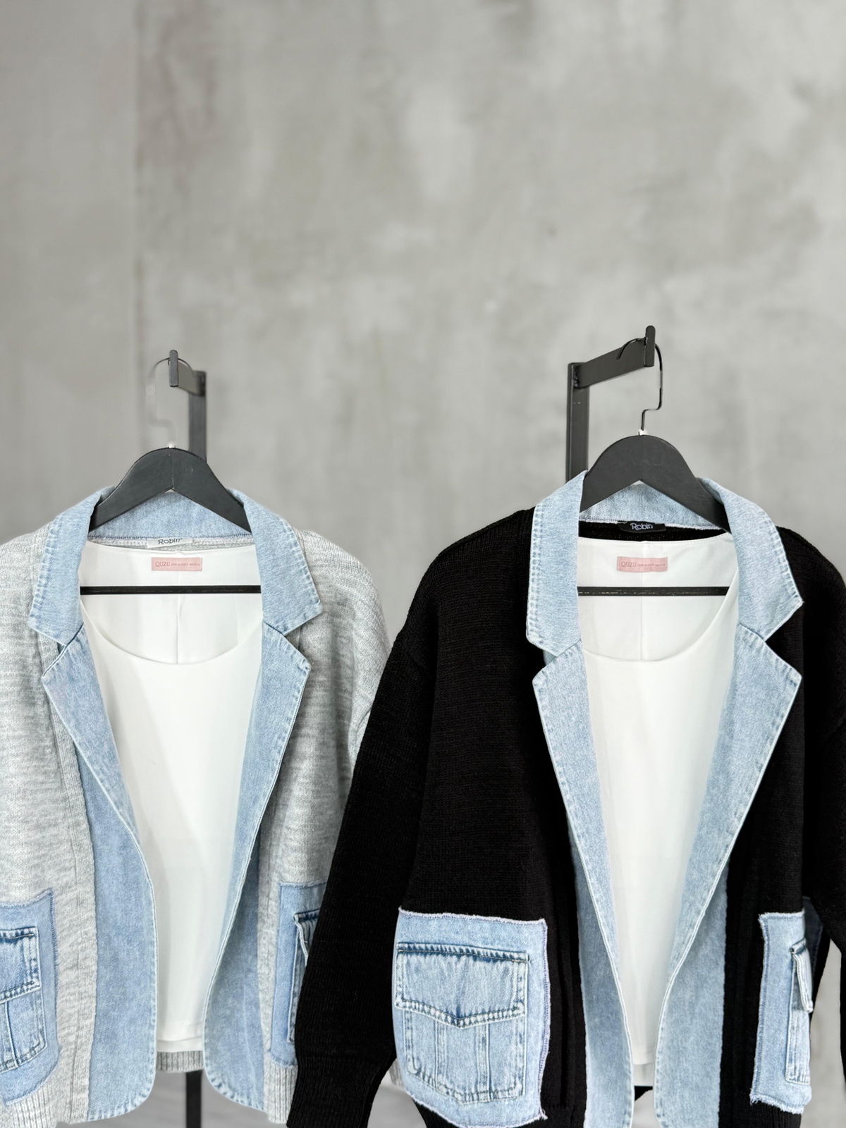 Denim Detaylı Yün Ceket (Gri)