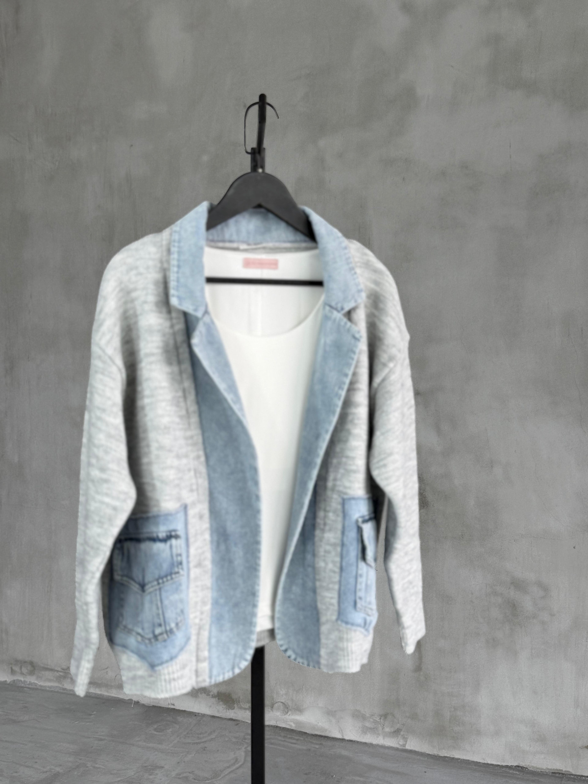 Denim Detaylı Yün Ceket (Gri)