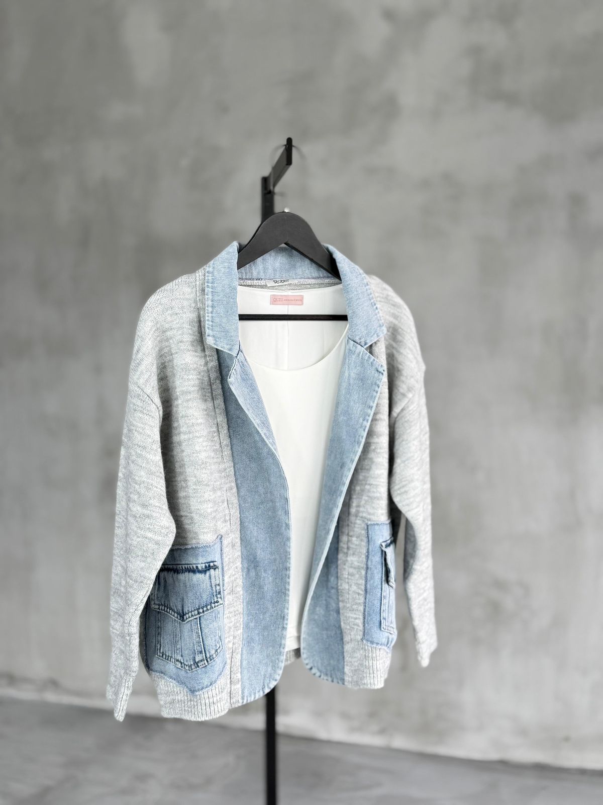 Denim Detaylı Yün Ceket (Gri)