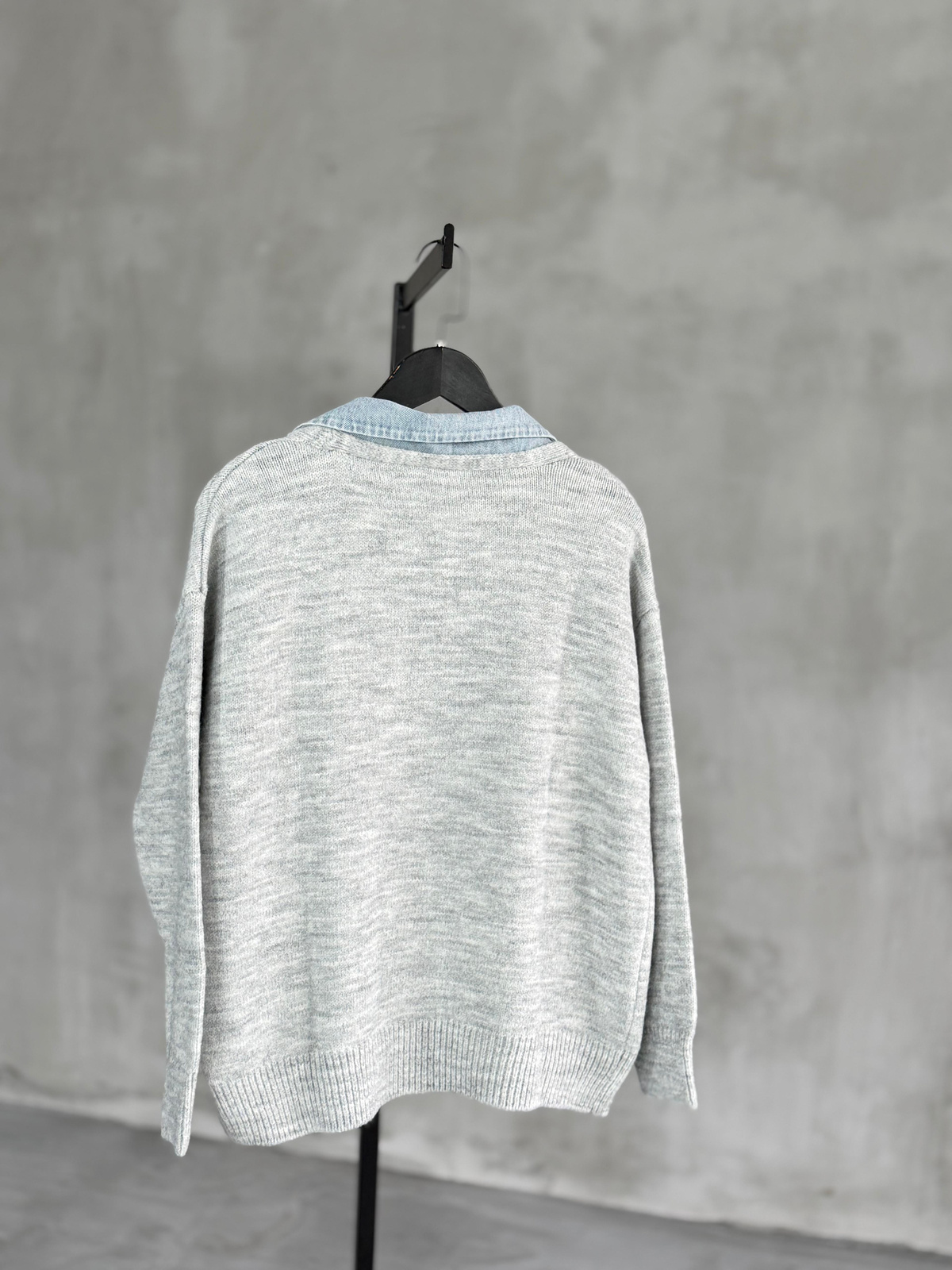 Denim Detaylı Yün Ceket (Gri)