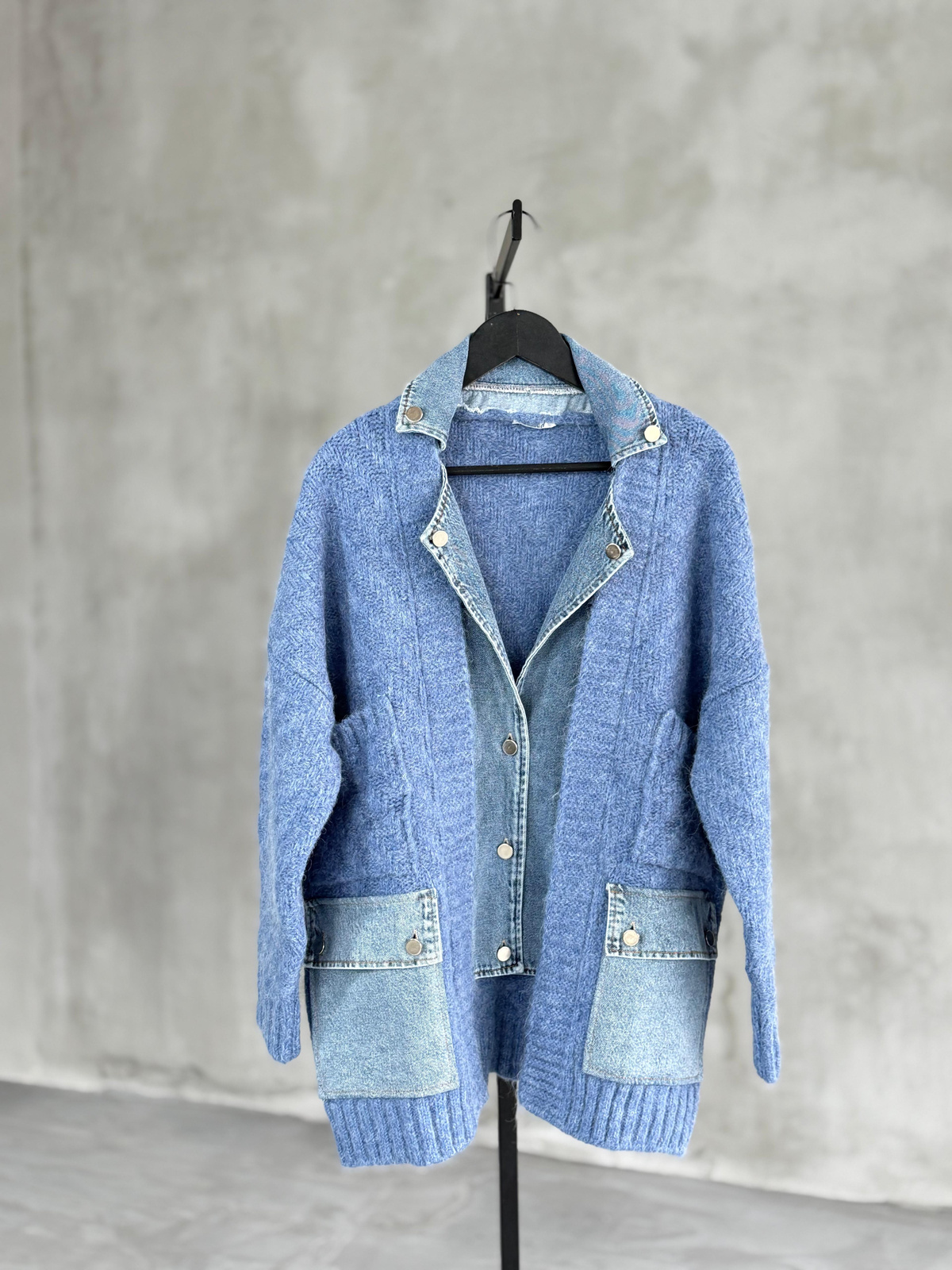 Denim Detaylı Yün Ceket (Mavi)