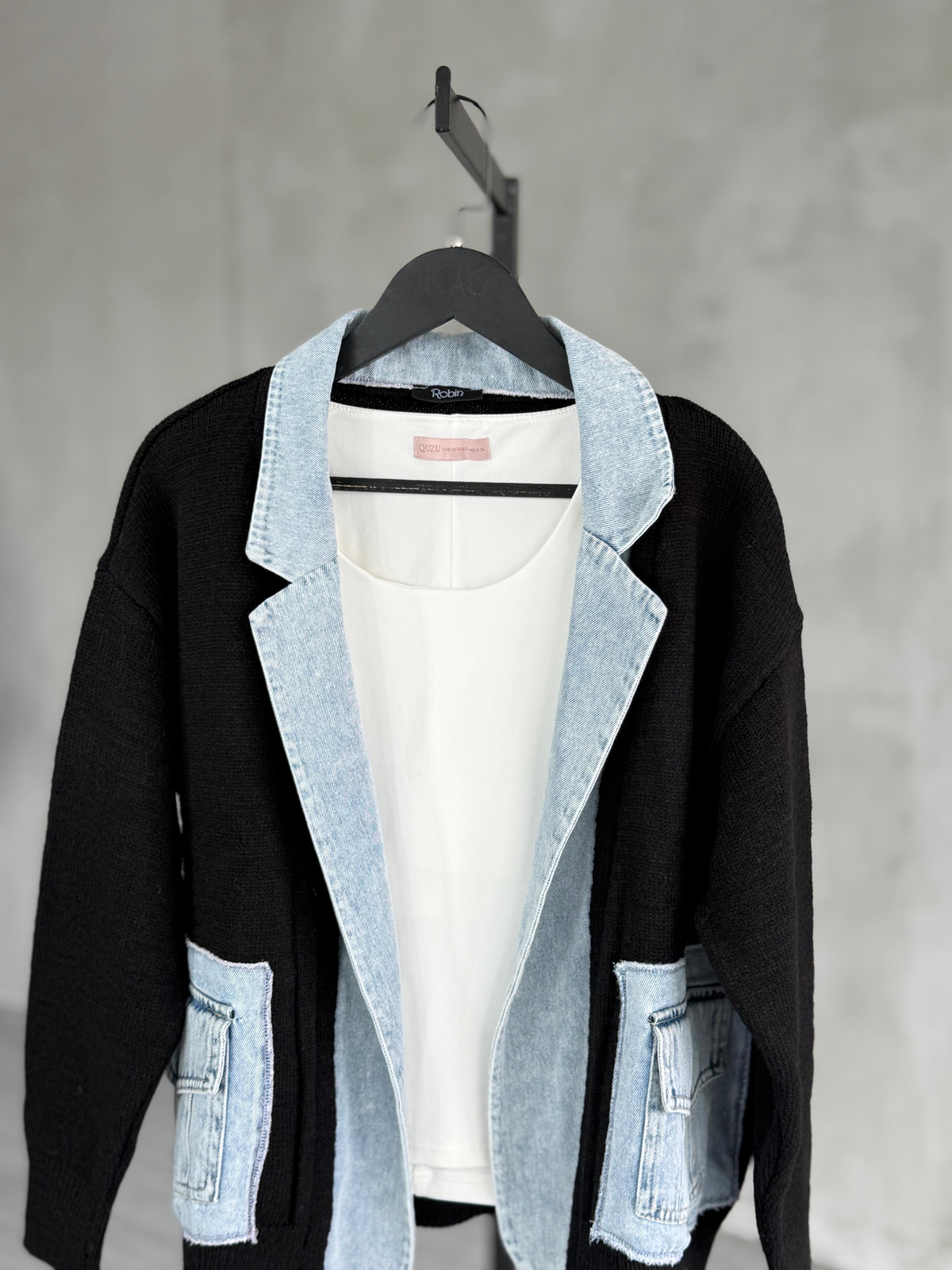Denim Detaylı Yün Ceket (Siyah)