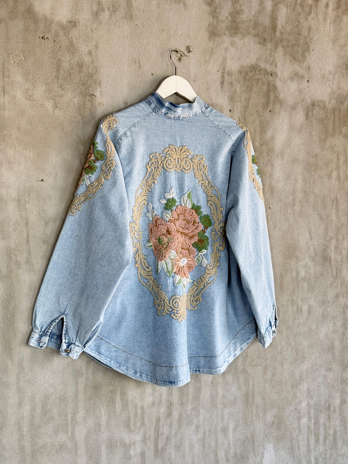 Denim Full Nakışlı Oversize Kimono (Buz Mavisi)