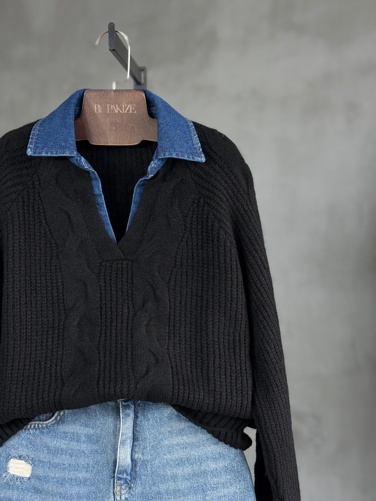Denim Yakalı Saç Örgü Yumoş Kazak (Mavi) 