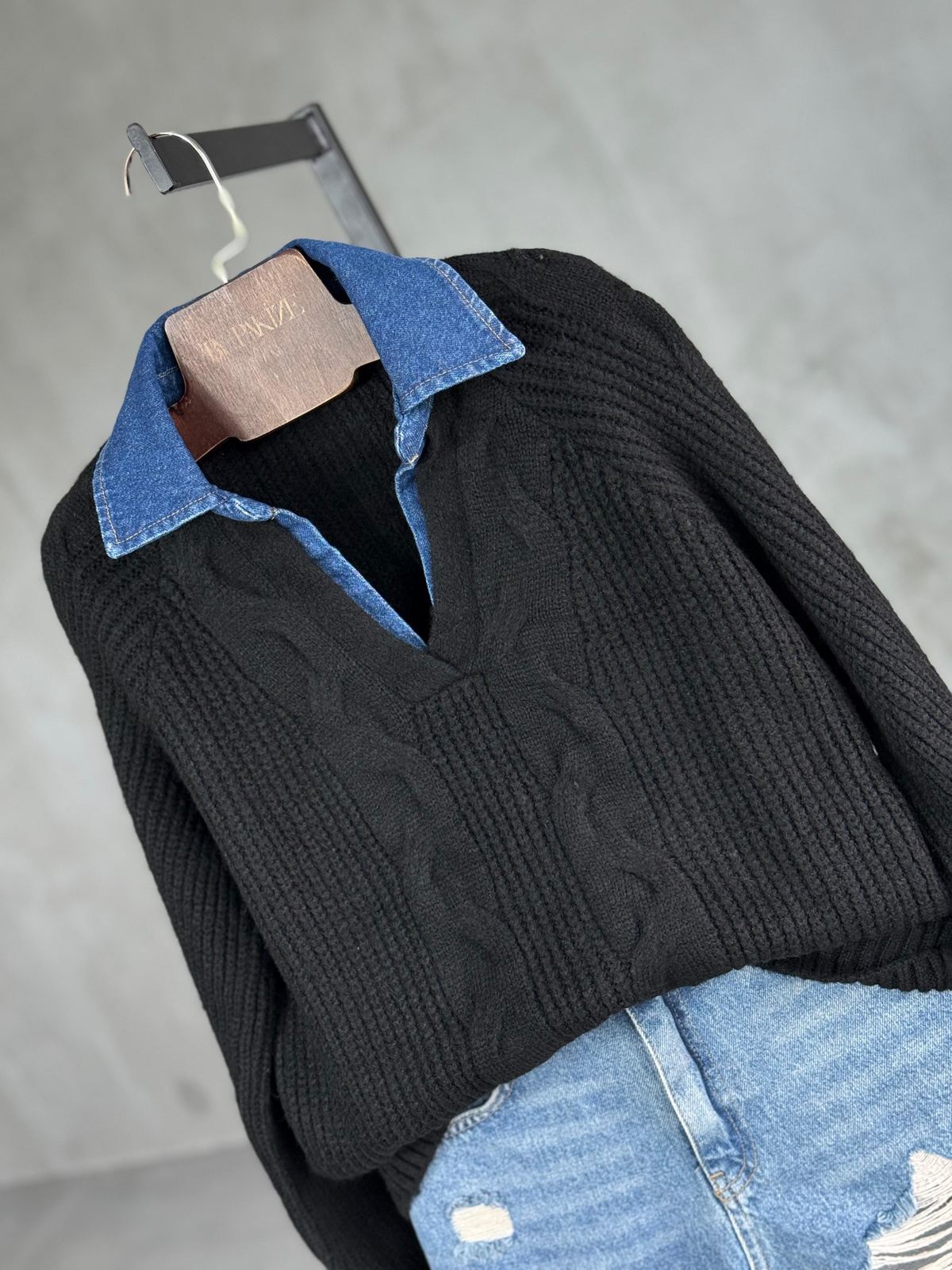 Denim Yakalı Saç Örgü Yumoş Kazak (Mavi) 