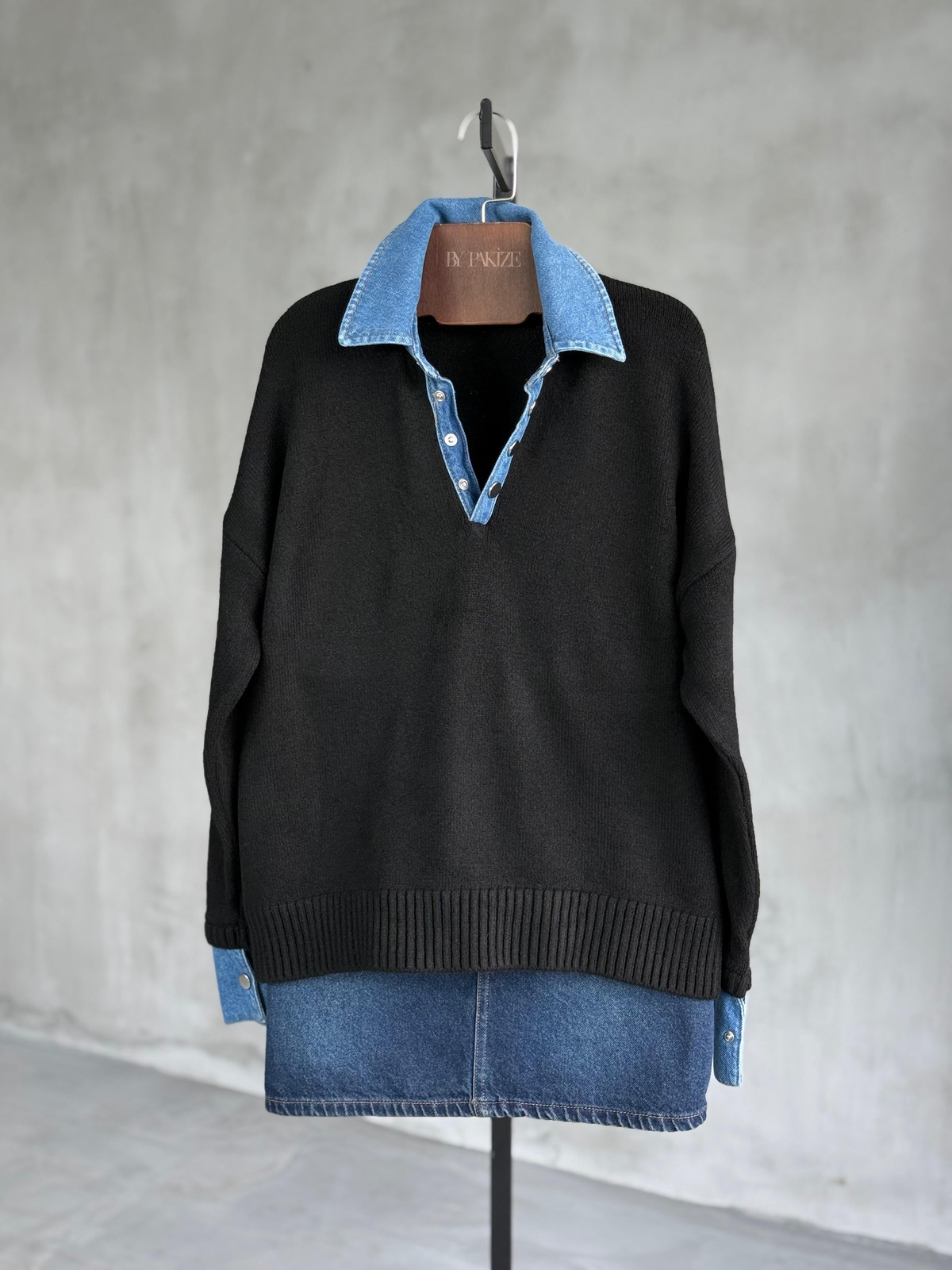 Denim Yakalı Yumoş Kazak (Mavi)