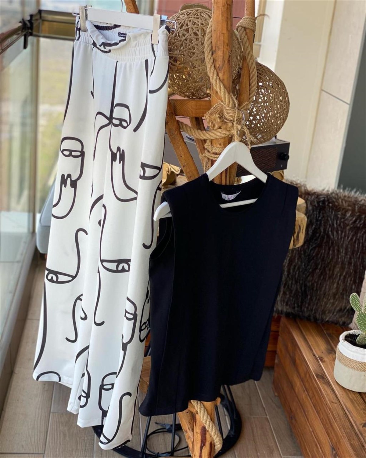 Desenli Bol Paça Pantolon (BEYAZ)
