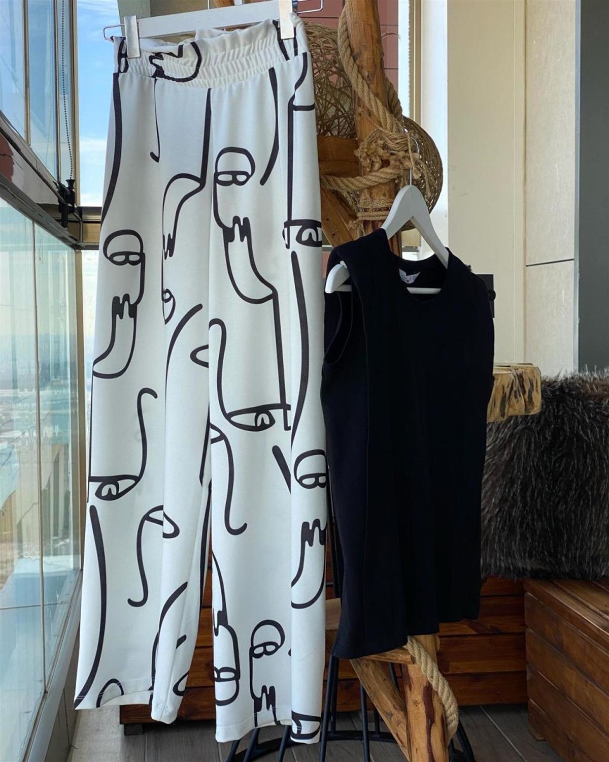 Desenli Bol Paça Pantolon (BEYAZ)