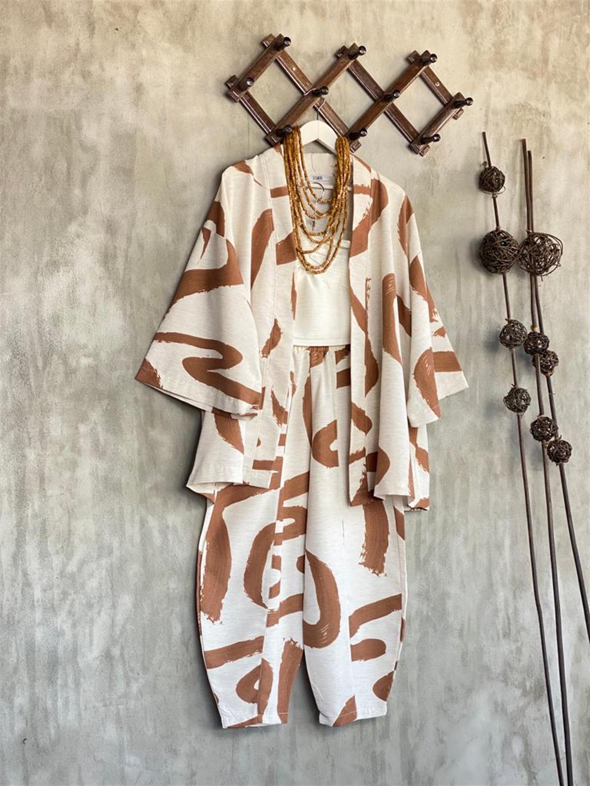 Desenli Taş Rengi Şalvar Pantolon Kimono Takım (Kahve)