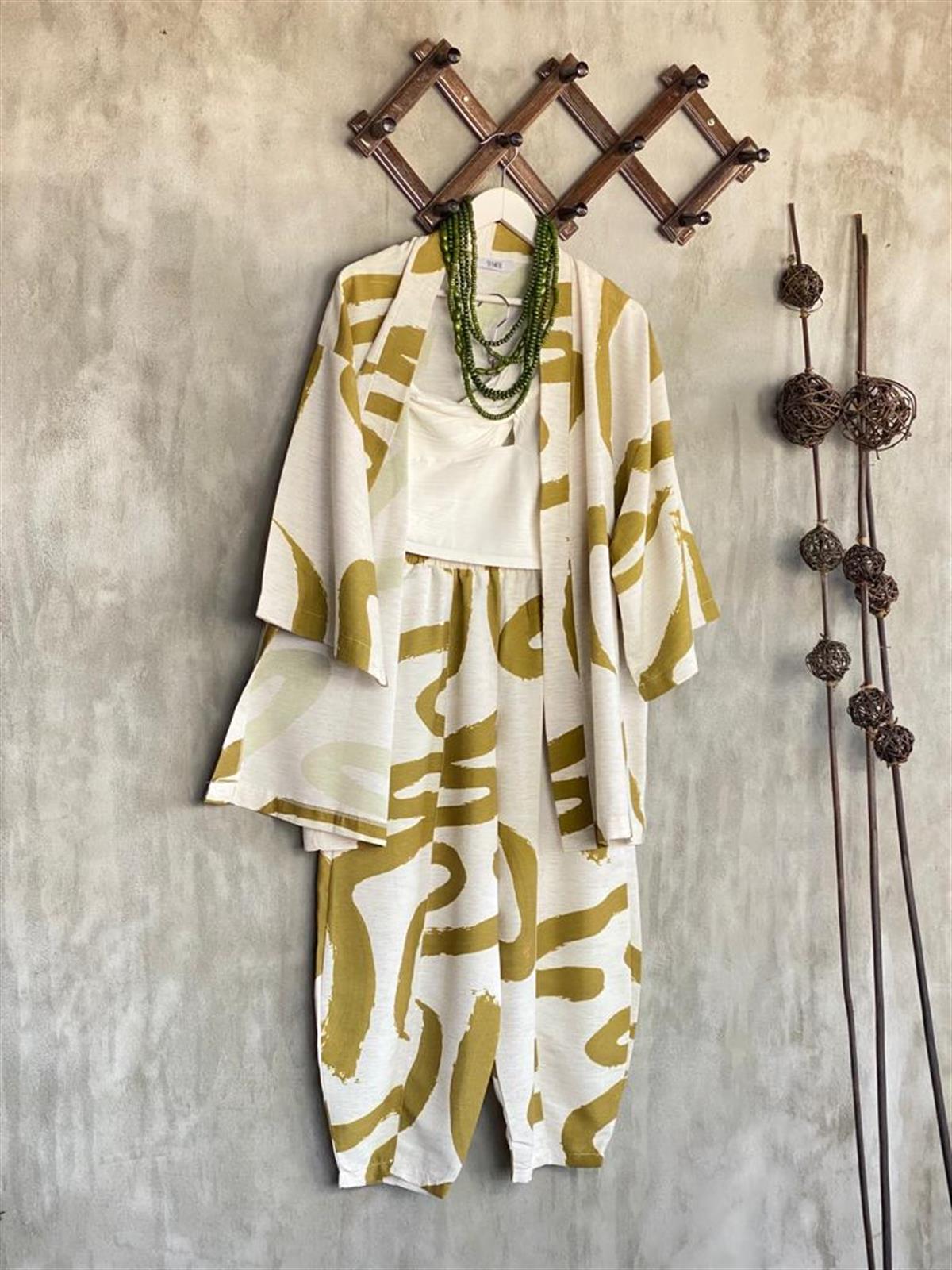 Desenli Taş Rengi Şalvar Pantolon Kimono Takım (Yağ Yeşili)