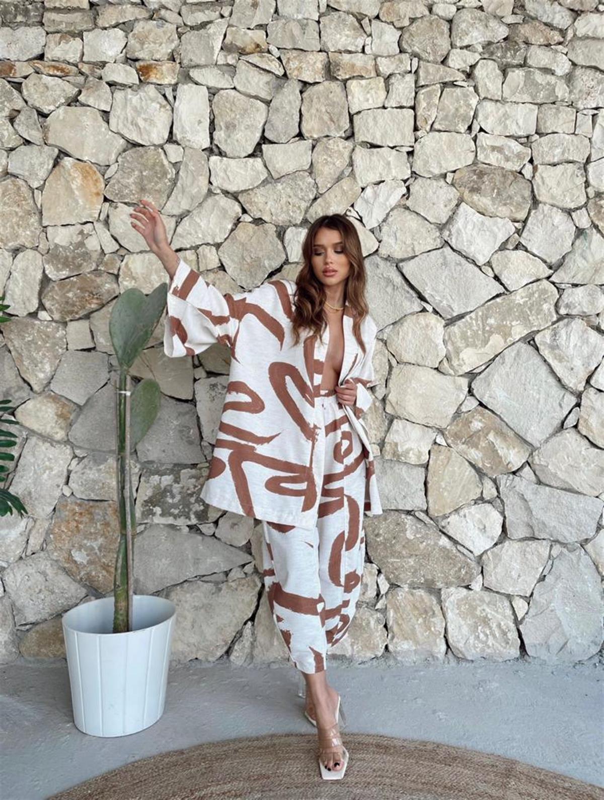 Desenli Taş Rengi Şalvar Pantolon Kimono Takım (Kahve)