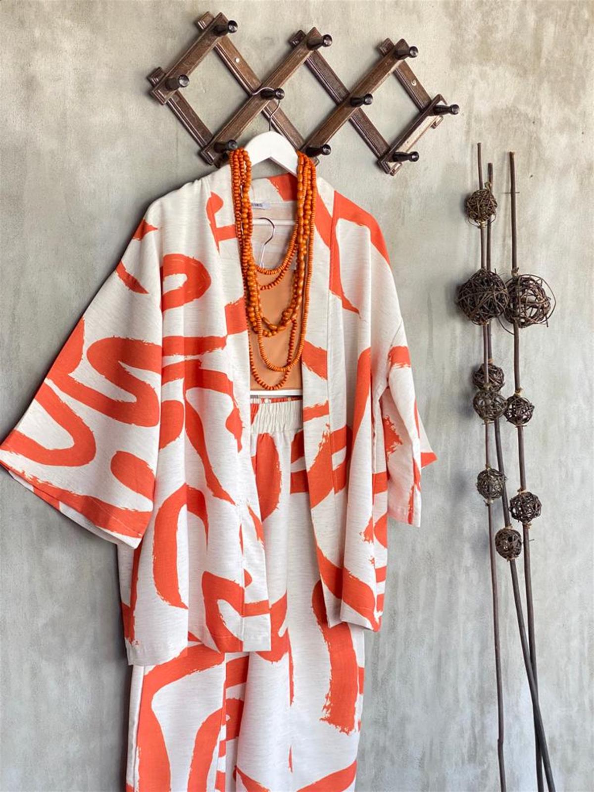 Desenli Taş Rengi Şalvar Pantolon Kimono Takım (Oranj)