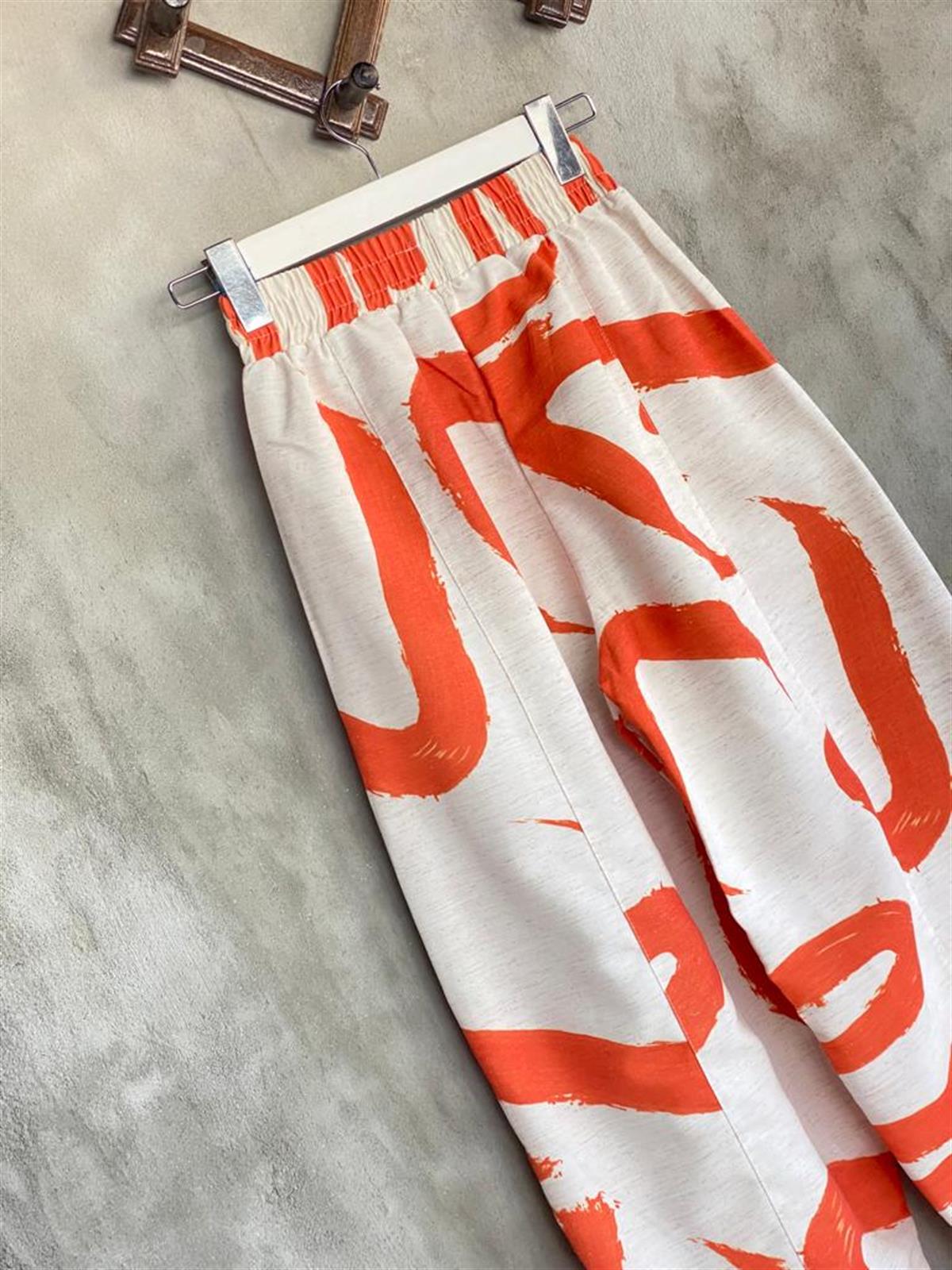 Desenli Taş Rengi Şalvar Pantolon Kimono Takım (Oranj)