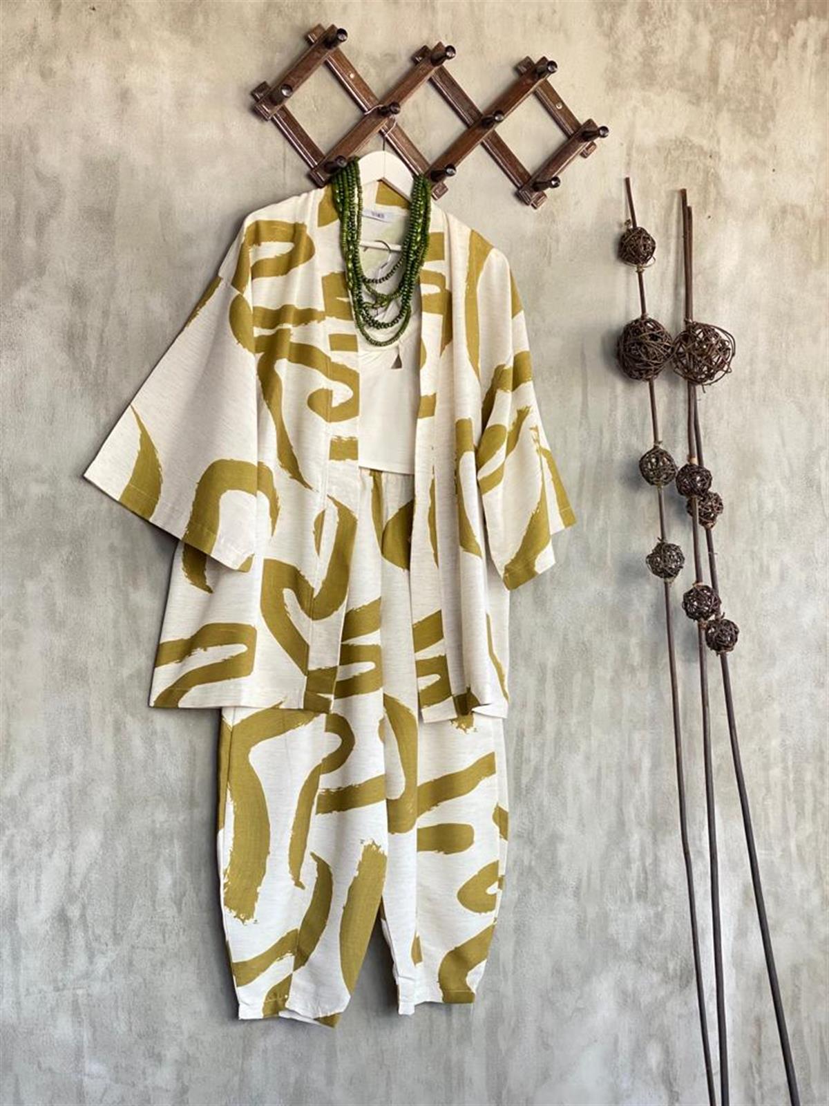 Desenli Taş Rengi Şalvar Pantolon Kimono Takım (Yağ Yeşili)