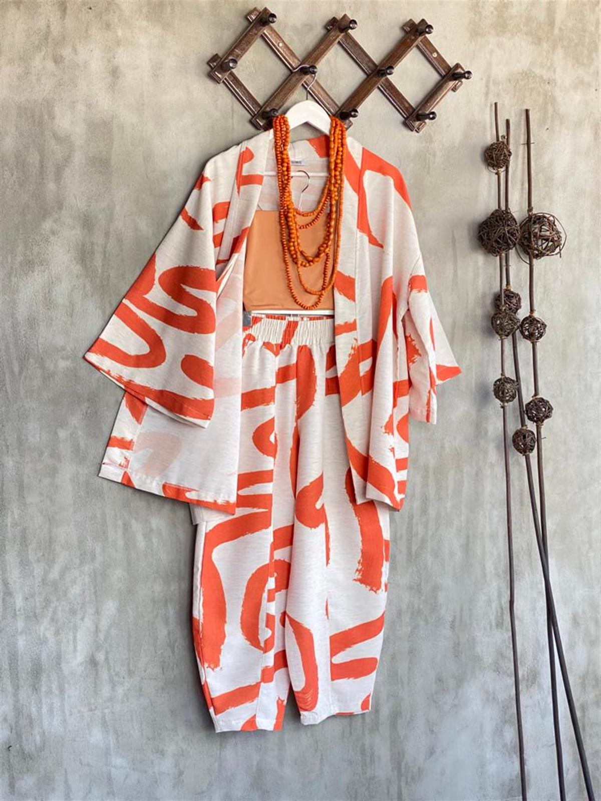 Desenli Taş Rengi Şalvar Pantolon Kimono Takım (Oranj)