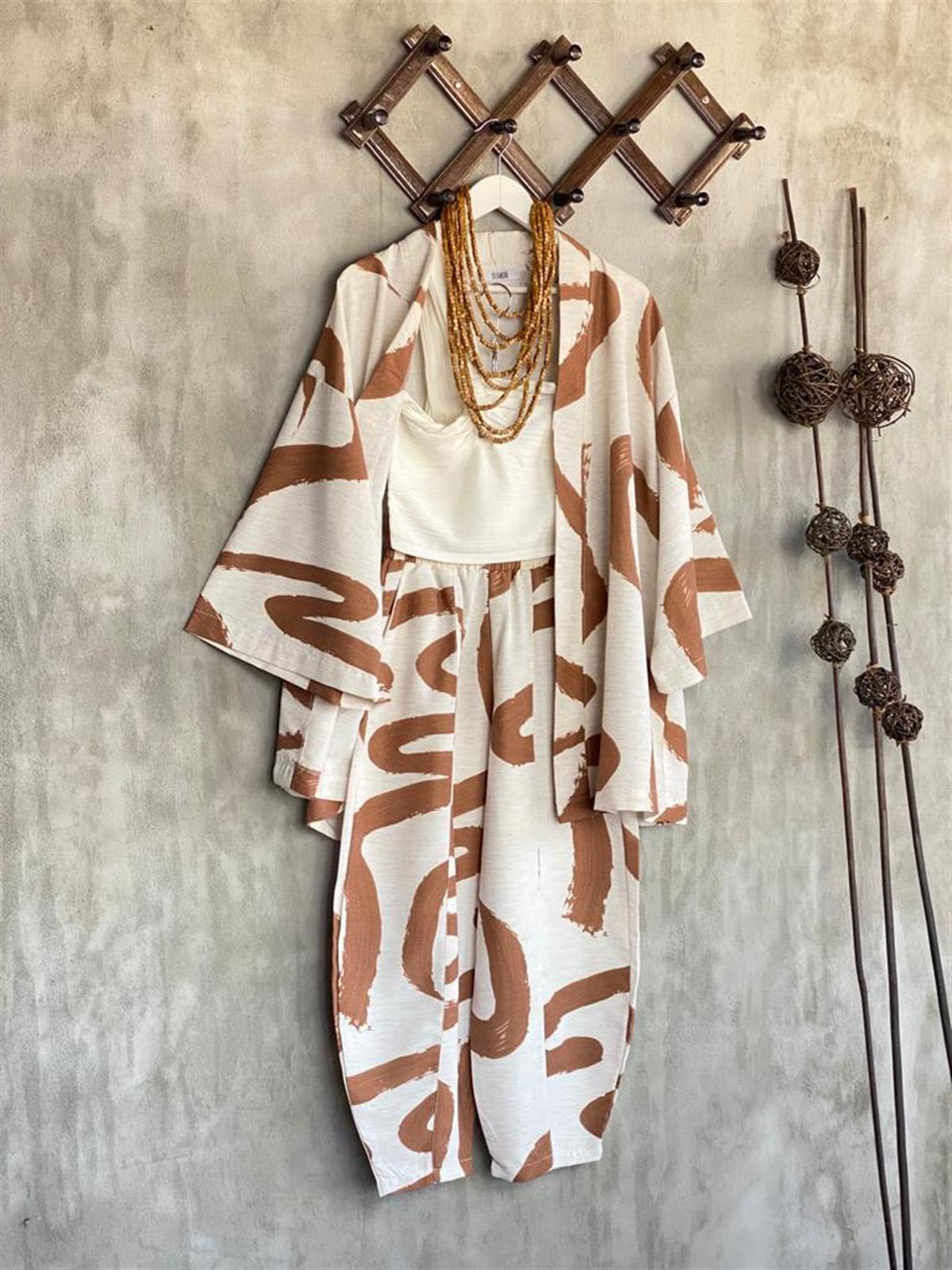 Desenli Taş Rengi Şalvar Pantolon Kimono Takım (Kahve)