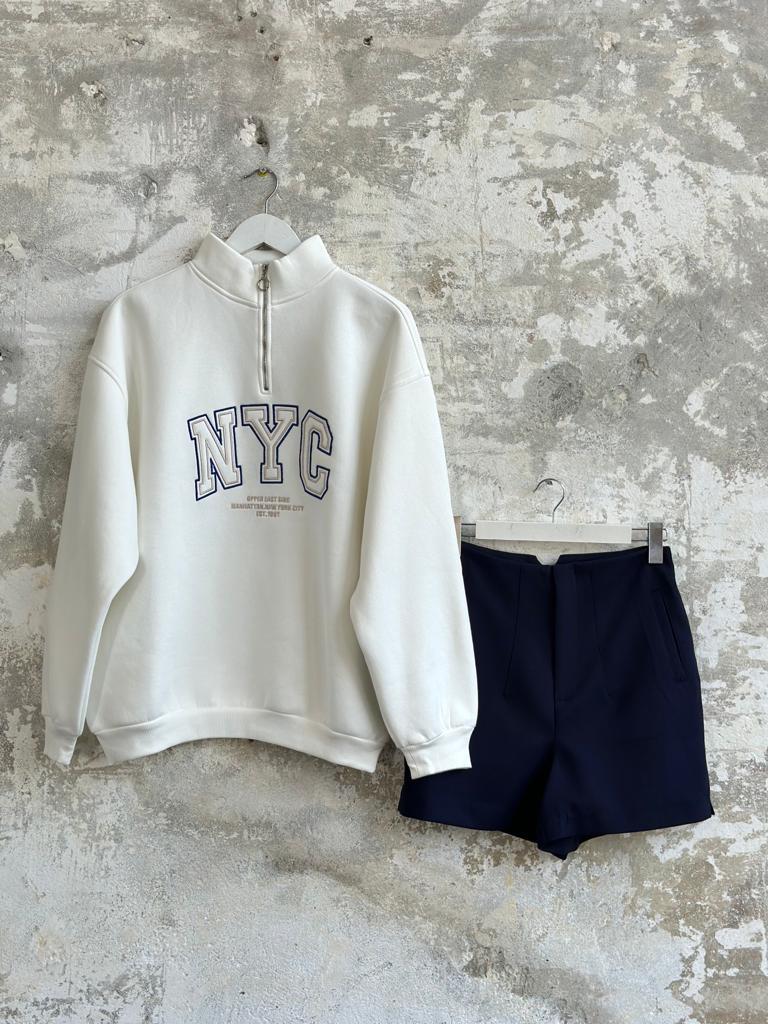 Dikiş Baskılı Oversize Kadın Sweat (Ekru)