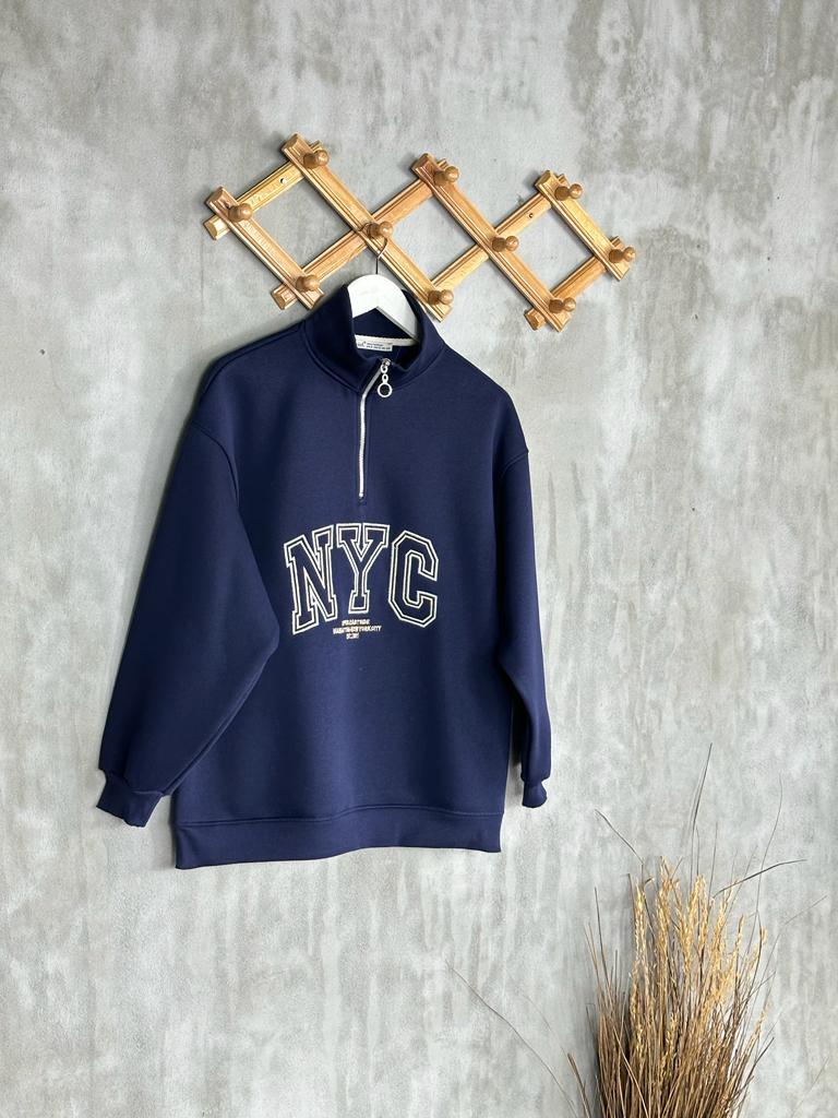 Dikiş Baskılı Oversize Kadın Sweat (Lacivert)