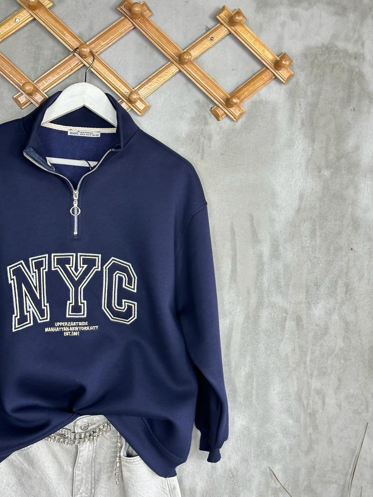 Dikiş Baskılı Oversize Kadın Sweat (Lacivert)