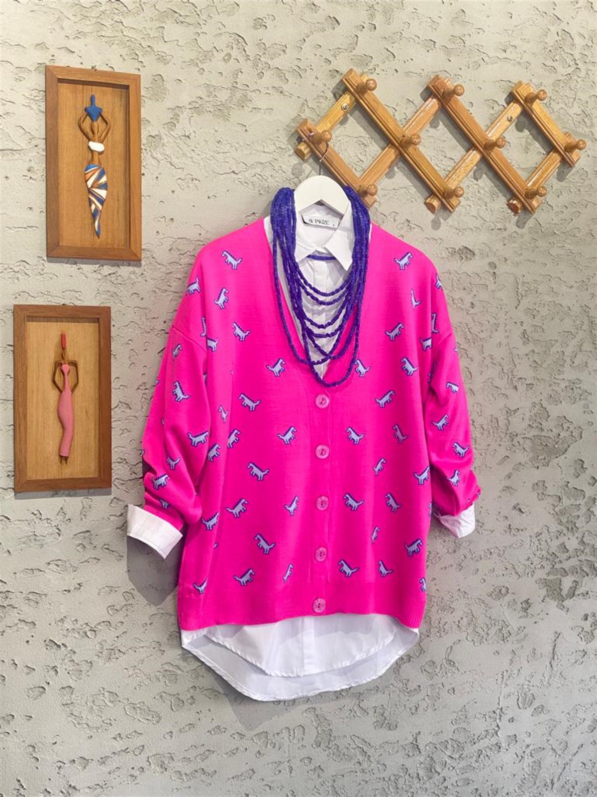 Dinazor Desenli Oversize Hırka (Pembe)
