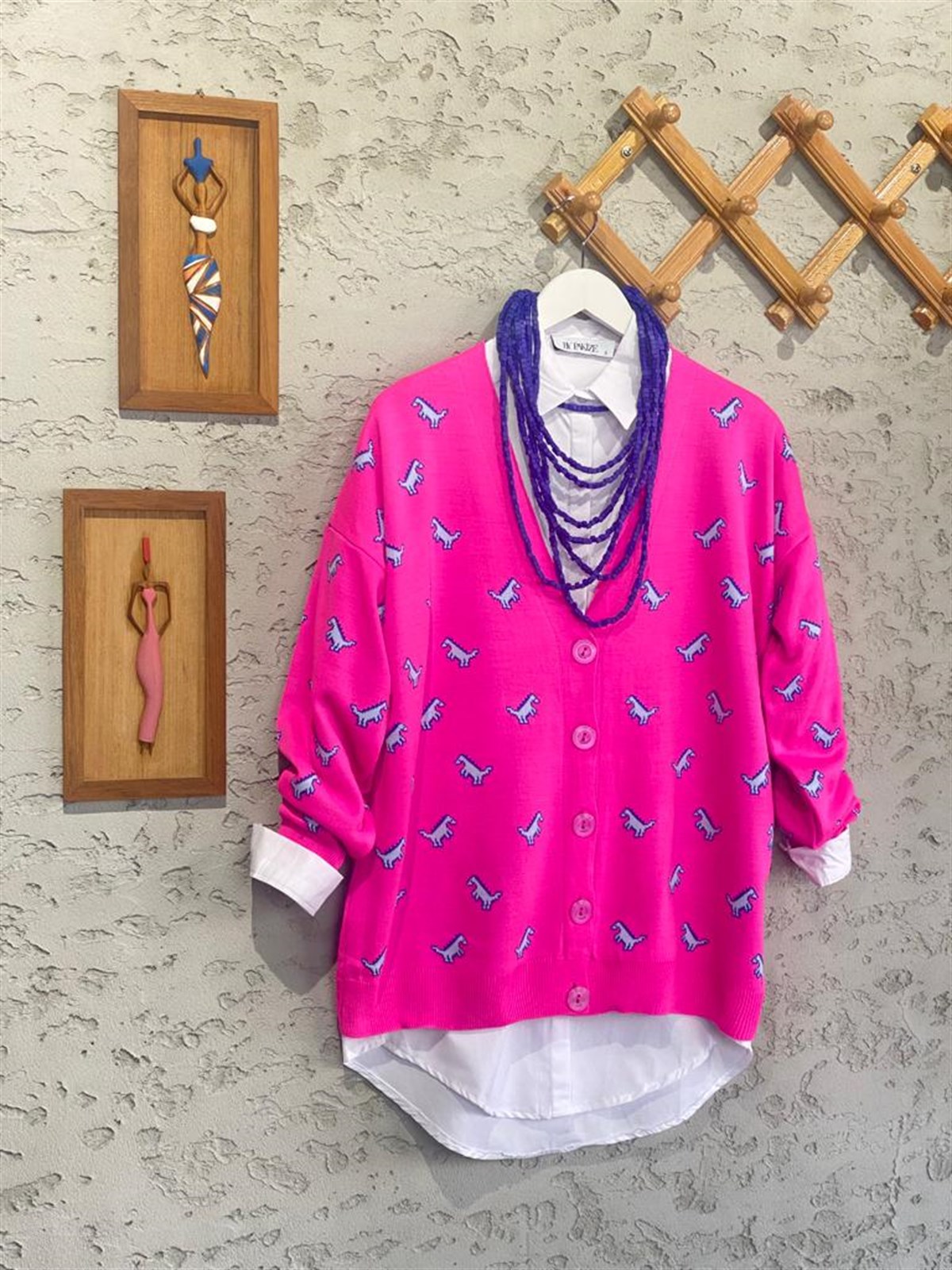 Dinazor Desenli Oversize Hırka (Pembe)