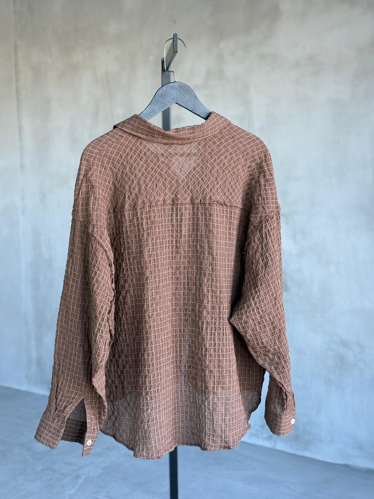 Dış Dikişli Oversize Kareli Gömlek (Kahve)