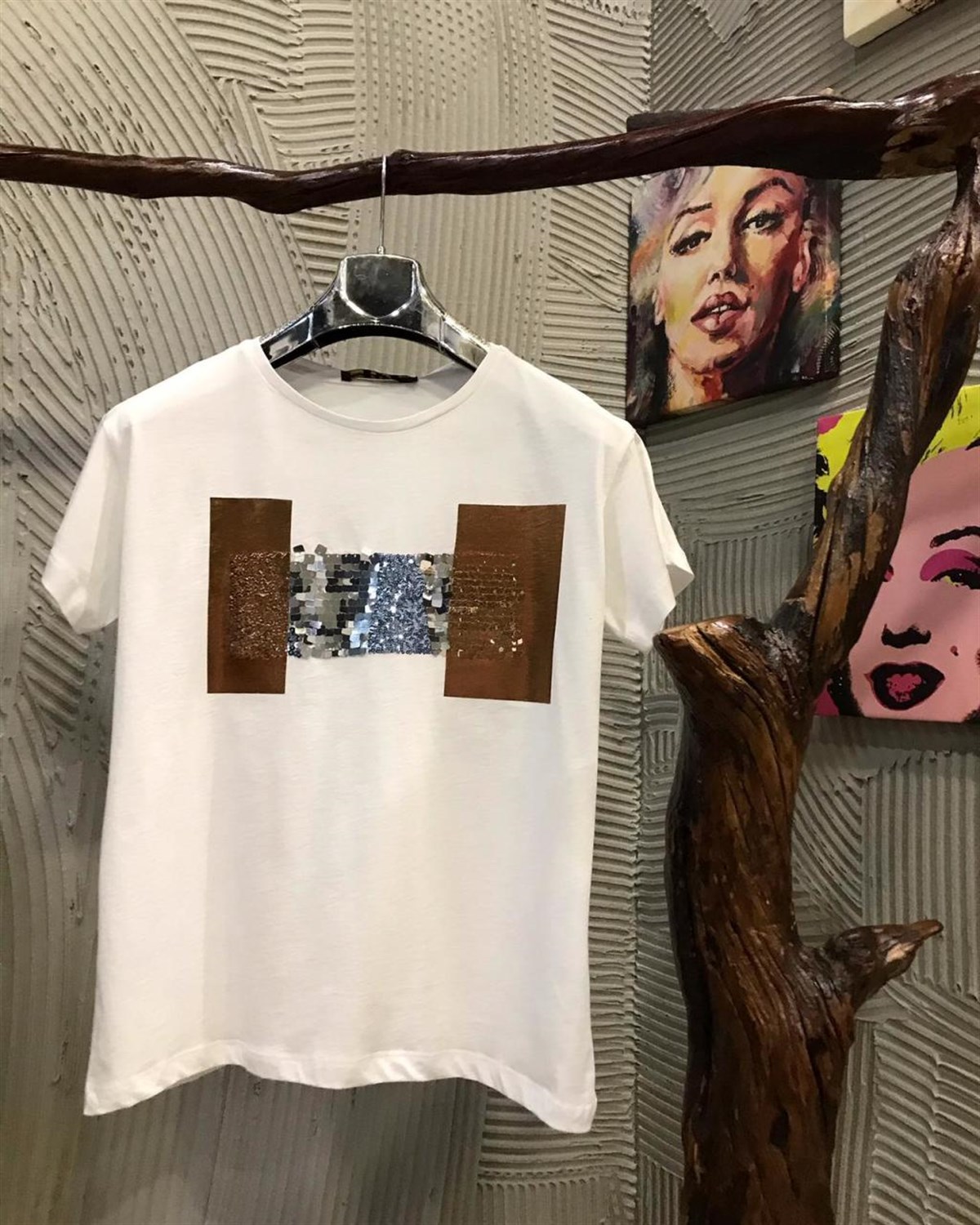 Dore Baskılı Pul Payet İşçilikli Tshirt