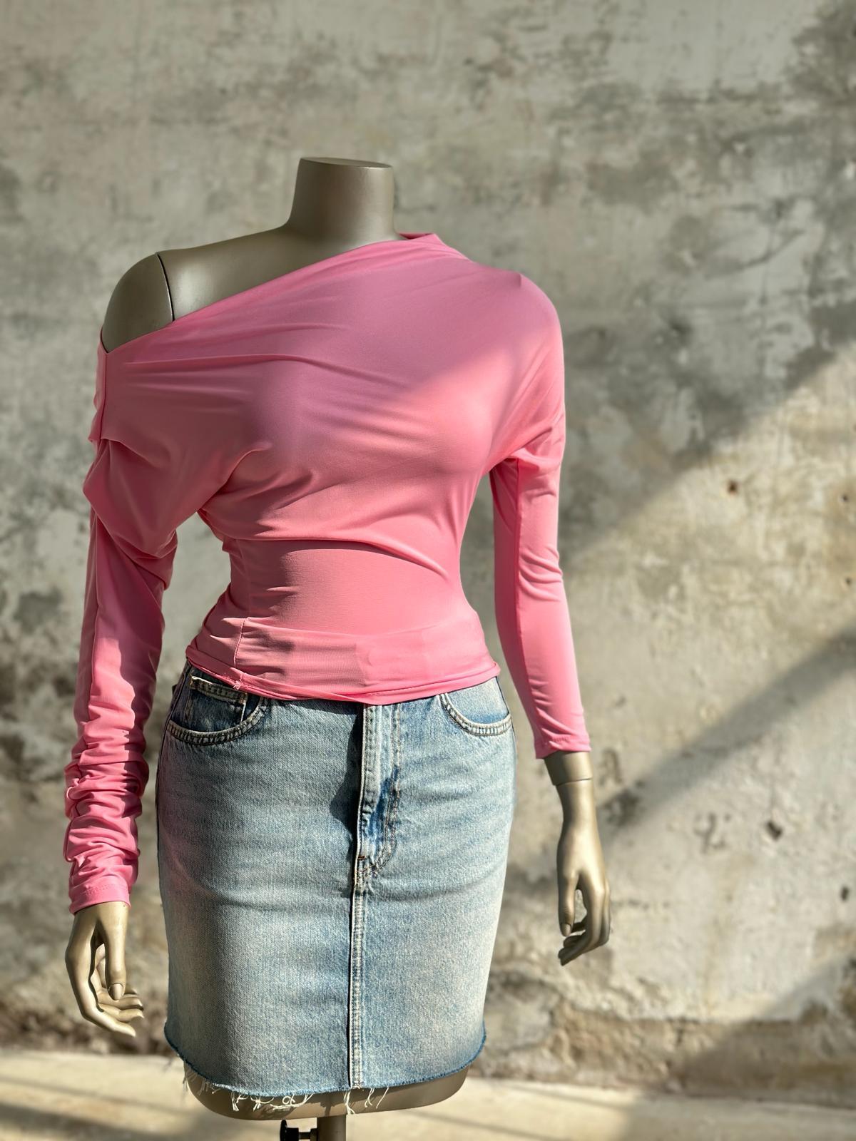 Drapeli Düşük Omuz Sandy Bluz (Pembe)