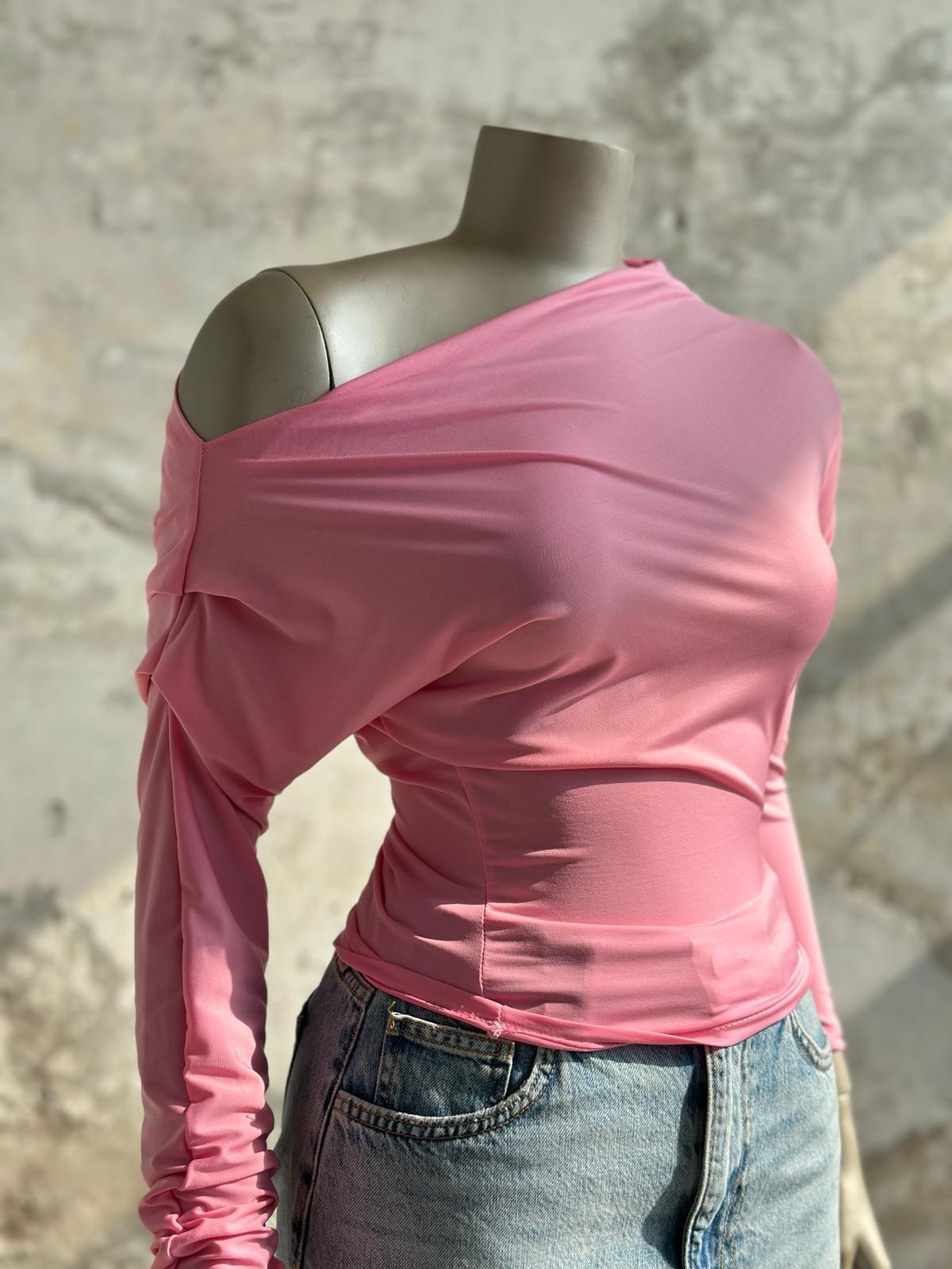 Drapeli Düşük Omuz Sandy Bluz (Pembe)