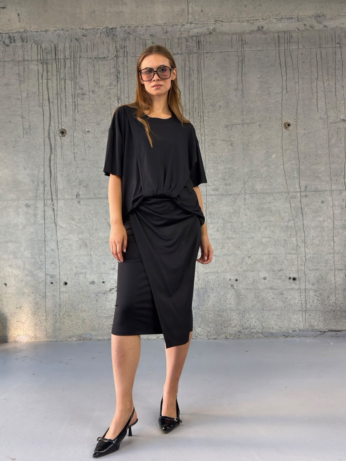 Drapeli Etek & Oversize Bluz Takım(Siyah)