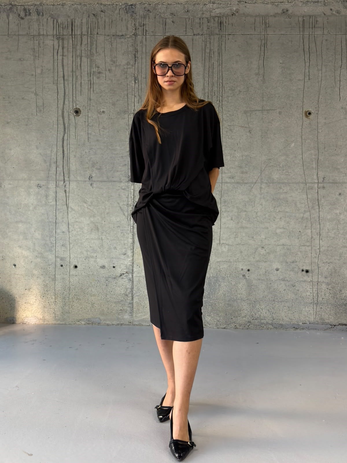 Drapeli Etek & Oversize Bluz Takım(Siyah)