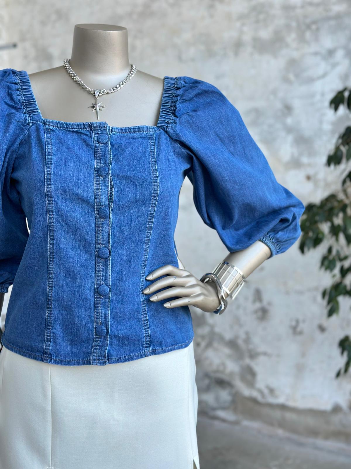 Düğme Detaylı Denim Kadın Bluz (Koyu Mavi)