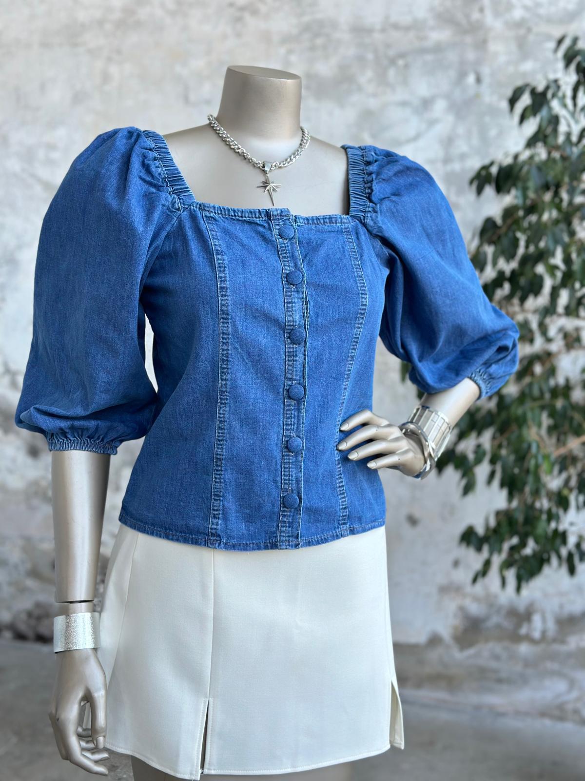 Düğme Detaylı Denim Kadın Bluz (Koyu Mavi)
