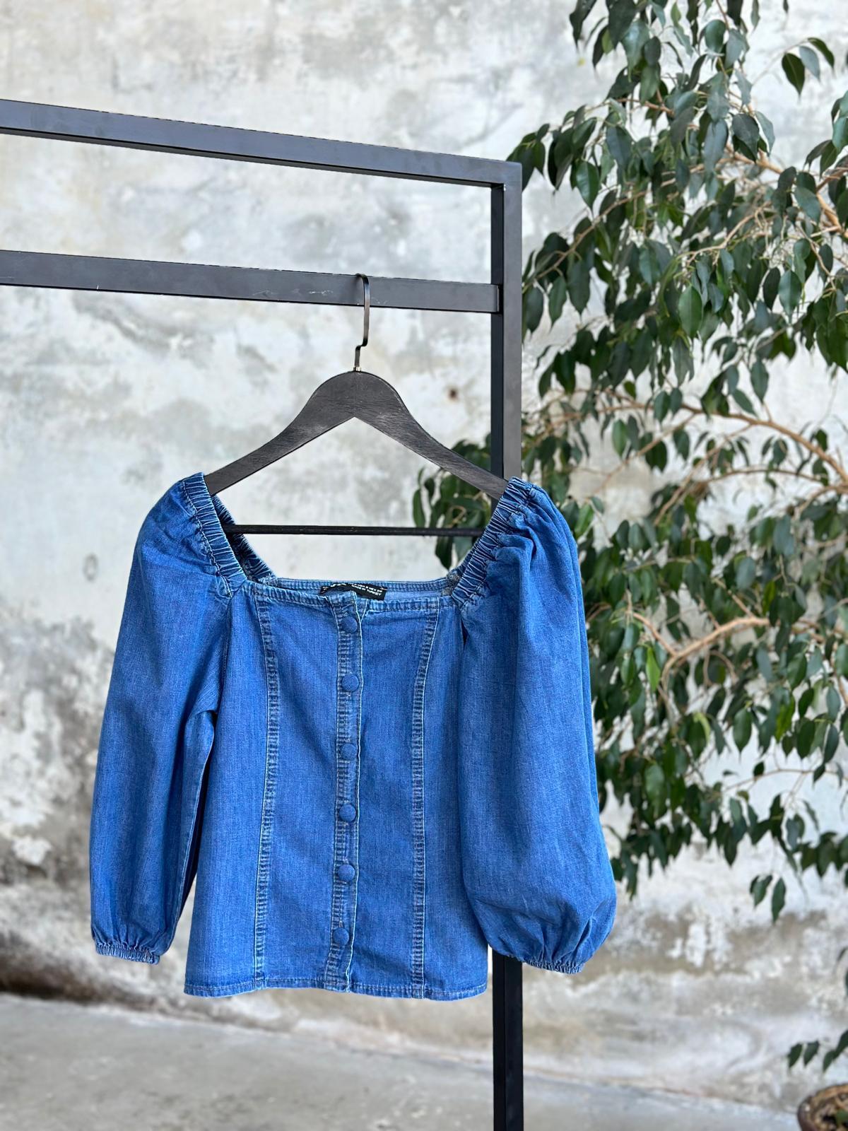 Düğme Detaylı Denim Kadın Bluz (Koyu Mavi)