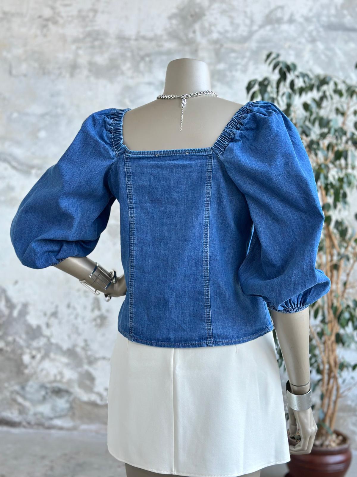 Düğme Detaylı Denim Kadın Bluz (Koyu Mavi)