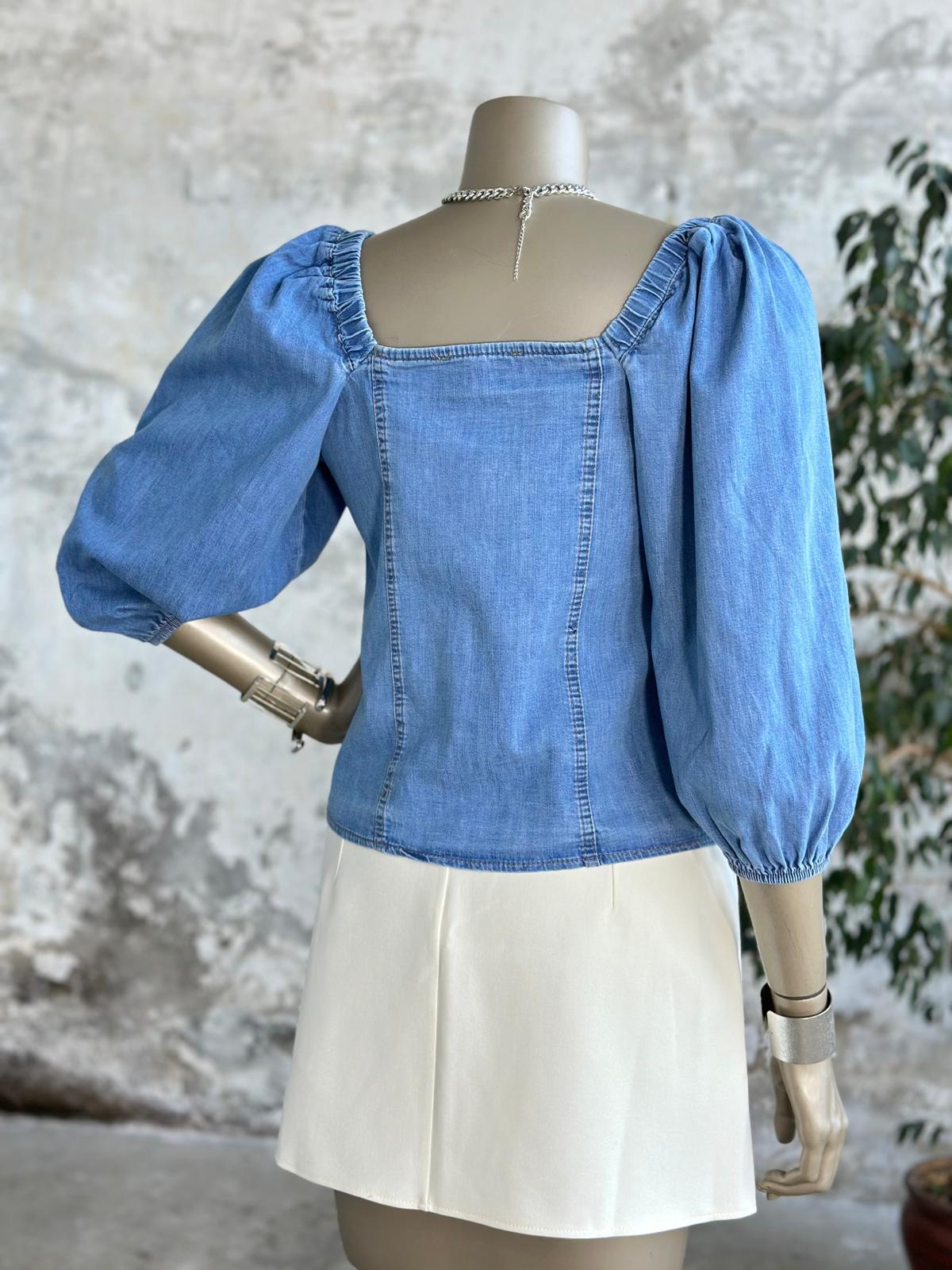 Düğme Detaylı Denim Kadın Bluz (Mavi)