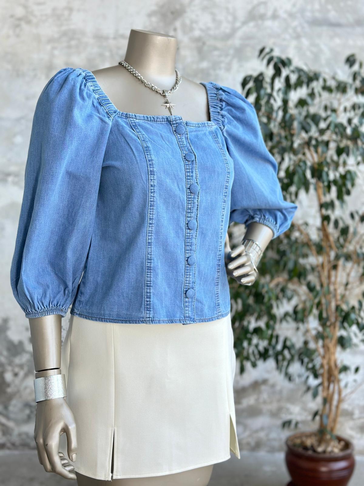 Düğme Detaylı Denim Kadın Bluz (Mavi)