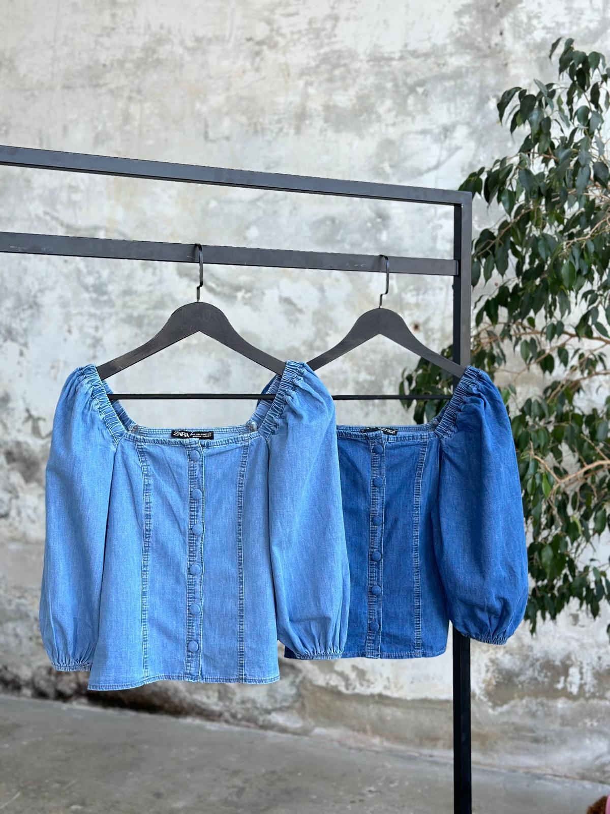 Düğme Detaylı Denim Kadın Bluz (Mavi)
