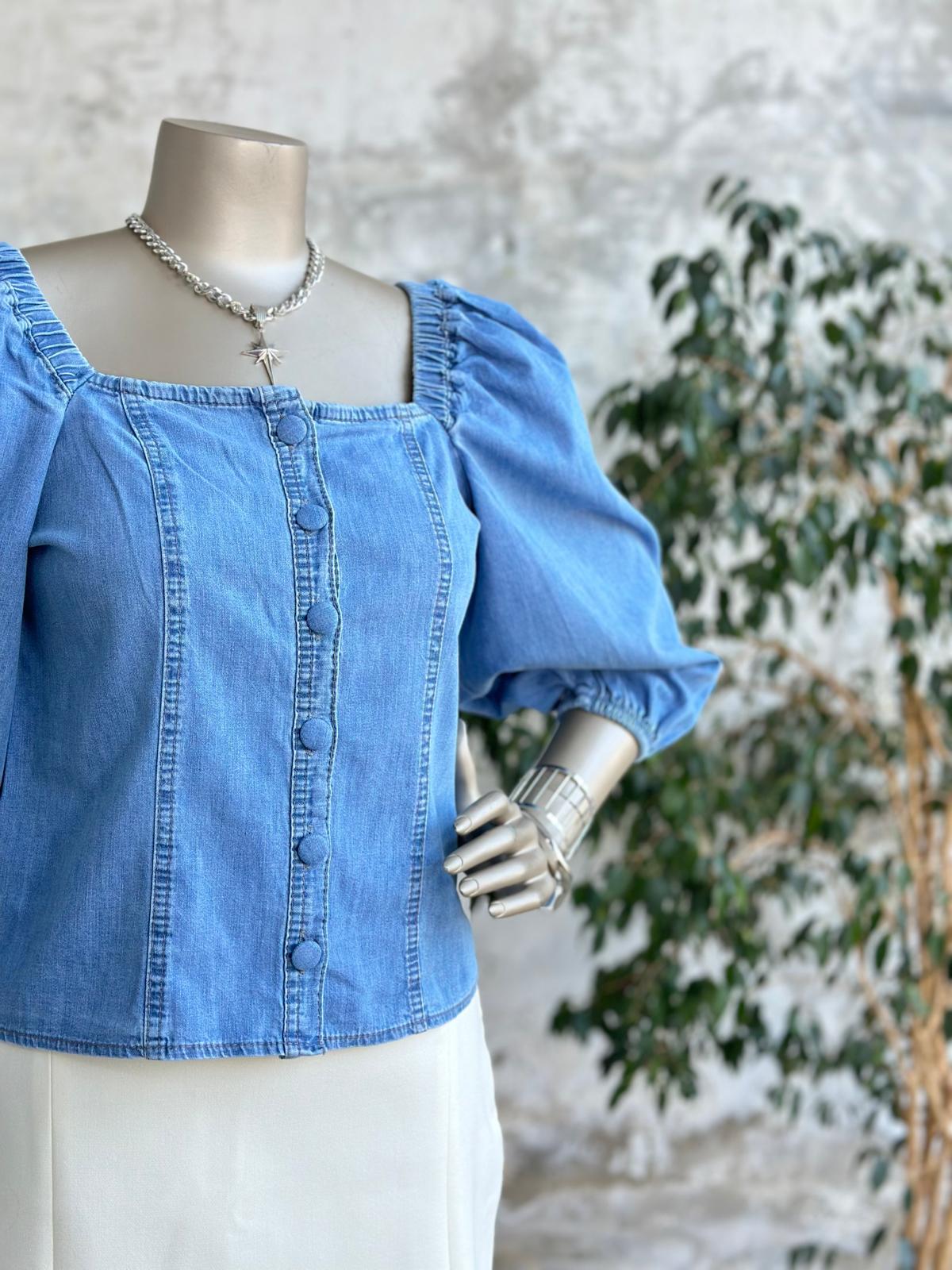 Düğme Detaylı Denim Kadın Bluz (Mavi)