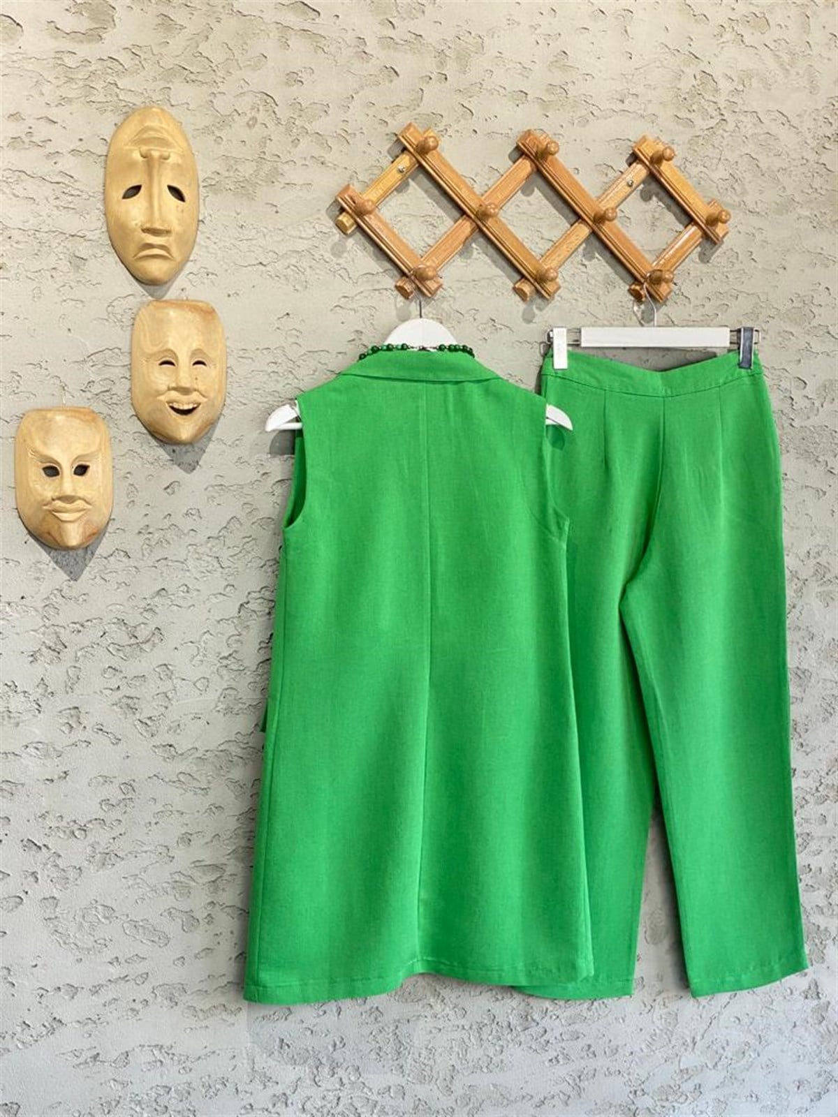 Düğmeli Tasarım Yelek Pantolon Kadın Takım Yeşil