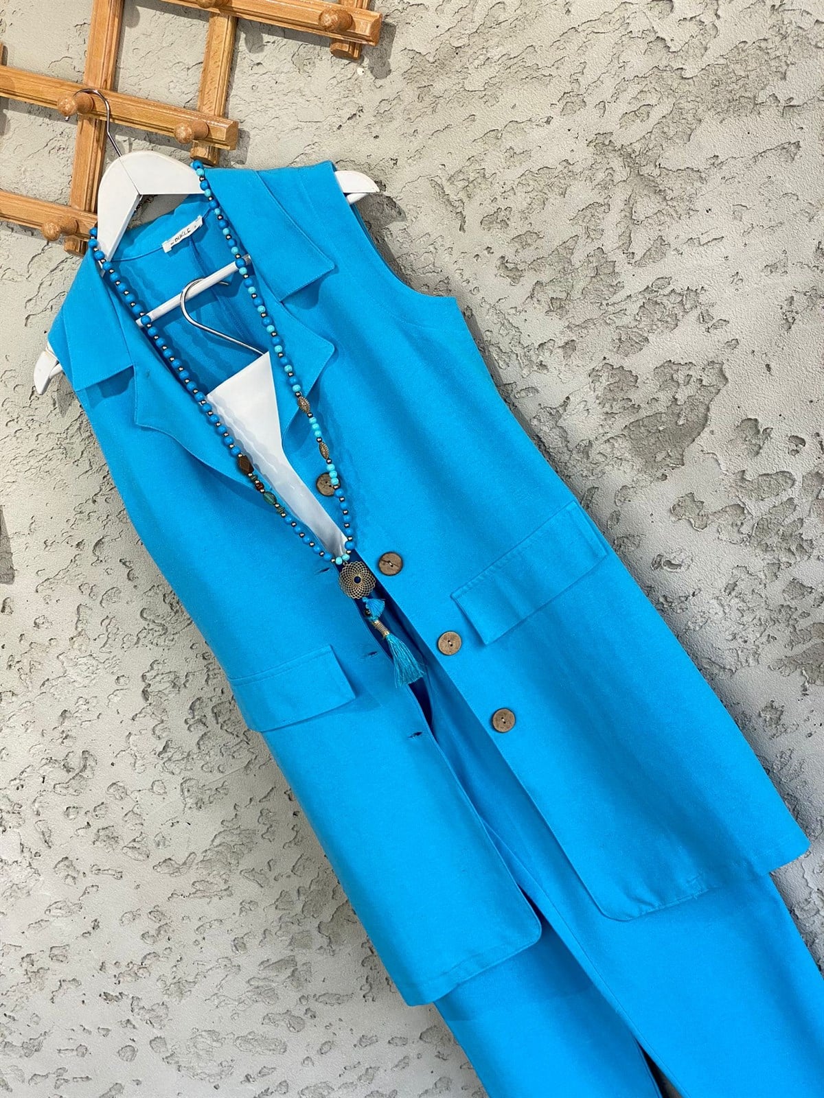 Düğmeli Tasarım Yelek Pantolon Kadın Takım Mavi