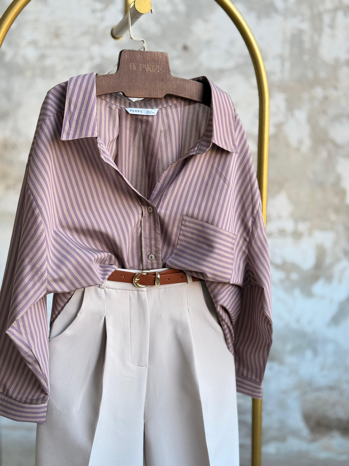 Düşük Omuzlu Oversize Çizgili Gömlek (Mürdüm)