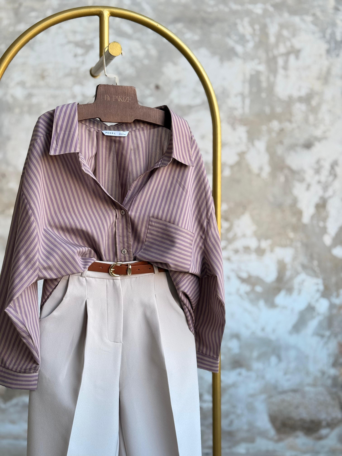 Düşük Omuzlu Oversize Çizgili Gömlek (Mürdüm)