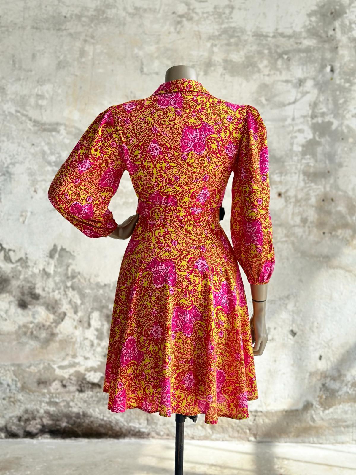 Etnik Desen Kemerli Elbise (Sarı)