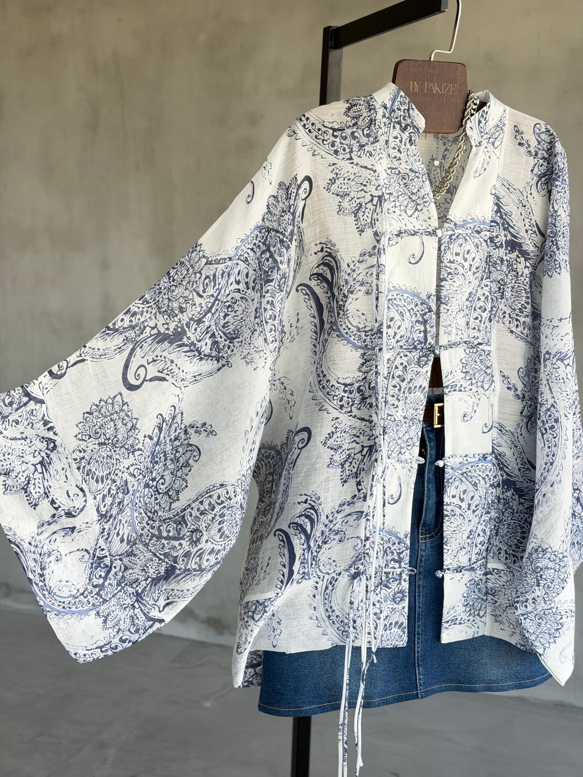Etnik Desen Premium Bağlama Detaylı Kimono Gömlek (Beyaz)