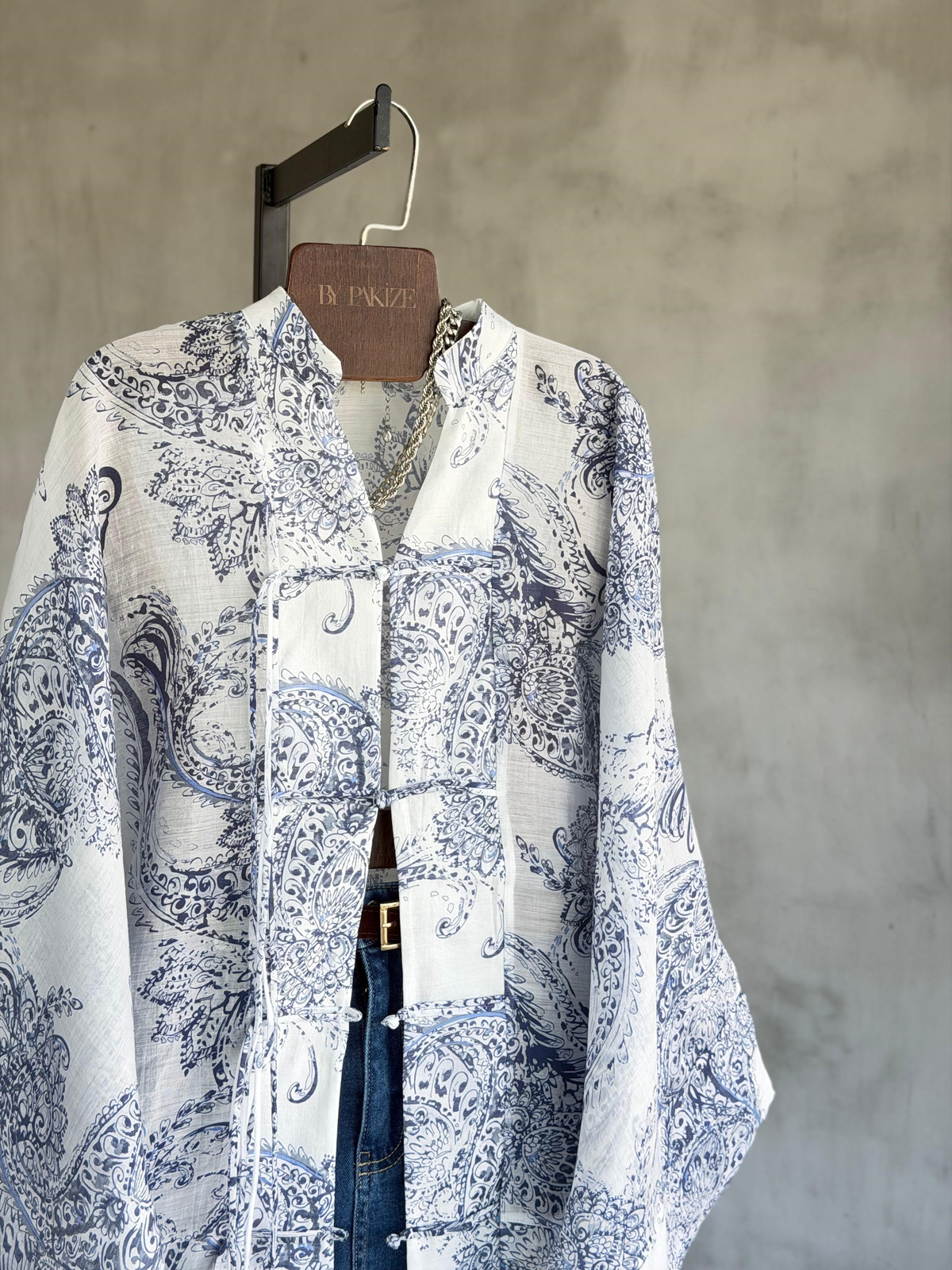 Etnik Desen Premium Bağlama Detaylı Kimono Gömlek (Beyaz)
