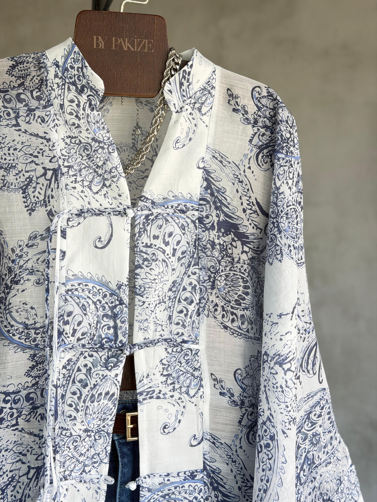 Etnik Desen Premium Bağlama Detaylı Kimono Gömlek (Beyaz)