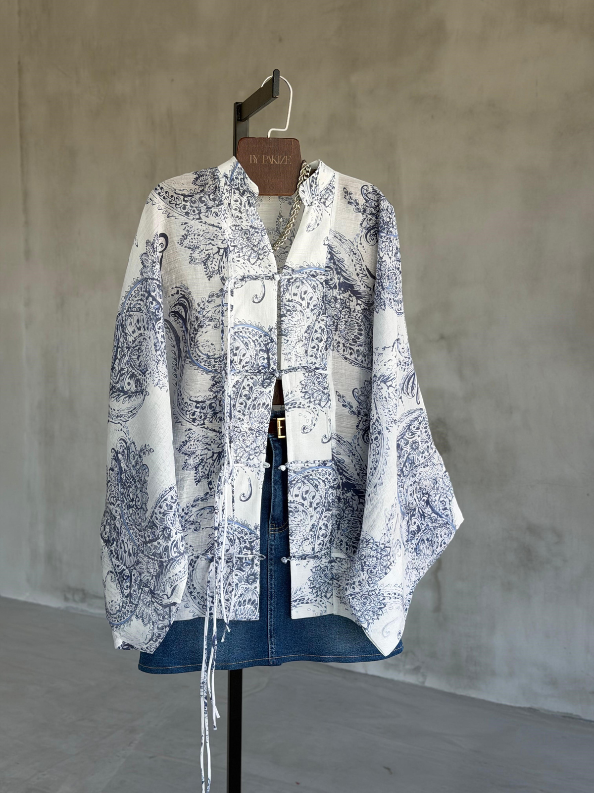 Etnik Desen Premium Bağlama Detaylı Kimono Gömlek (Beyaz)