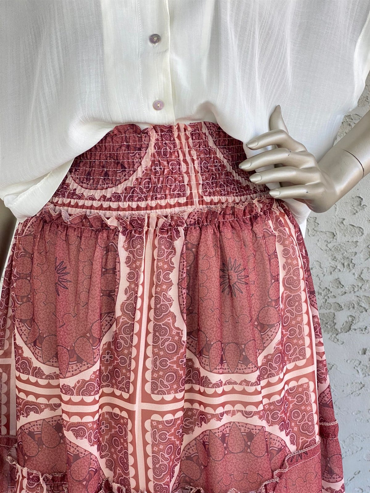 Etnik Desenli Altı Katlı Fırfırlı Şifon Etek