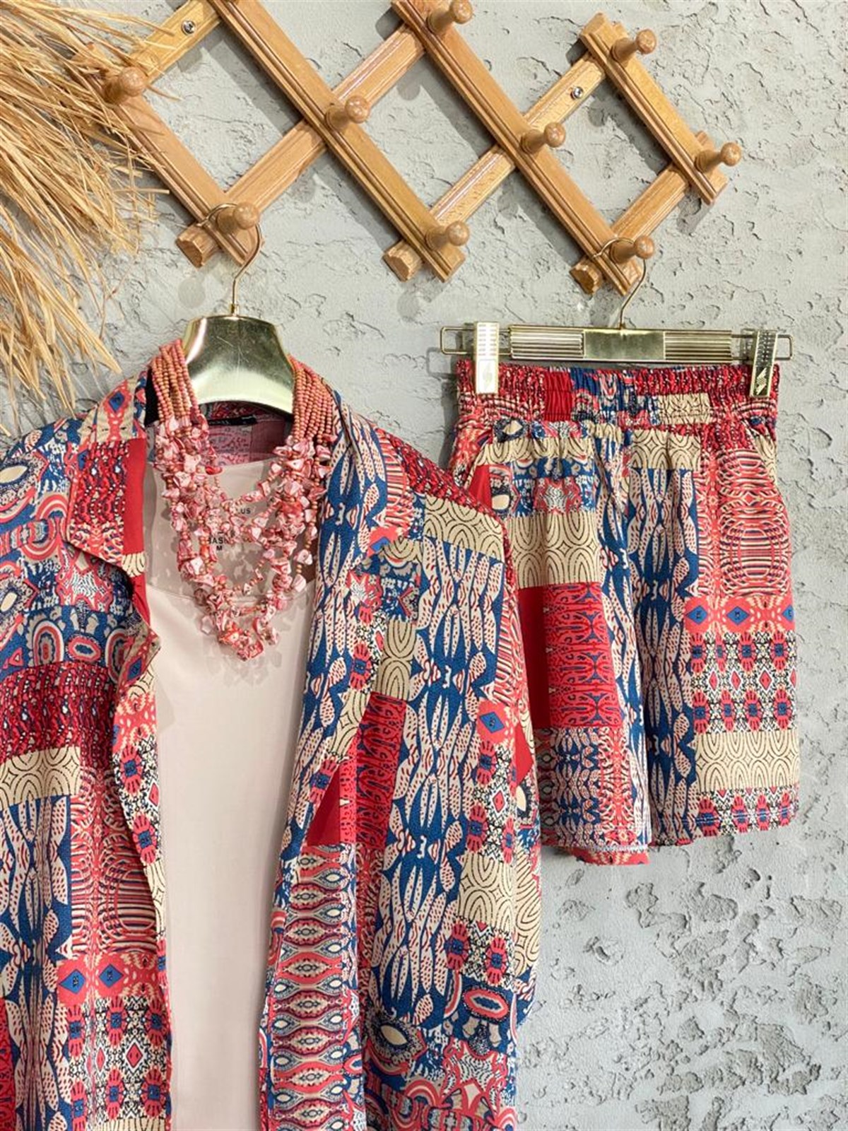 Etnik Desenli Kimono Şort Takım